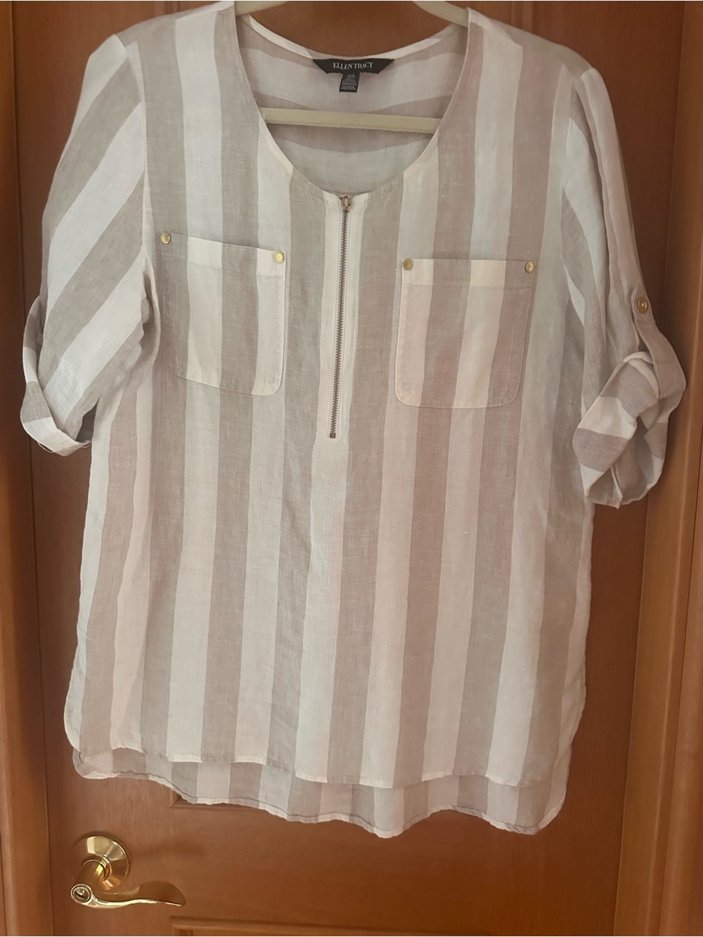 Ellen Tracy Linen Beige White Striped Utility Tunic Top Size M Gold Zip
